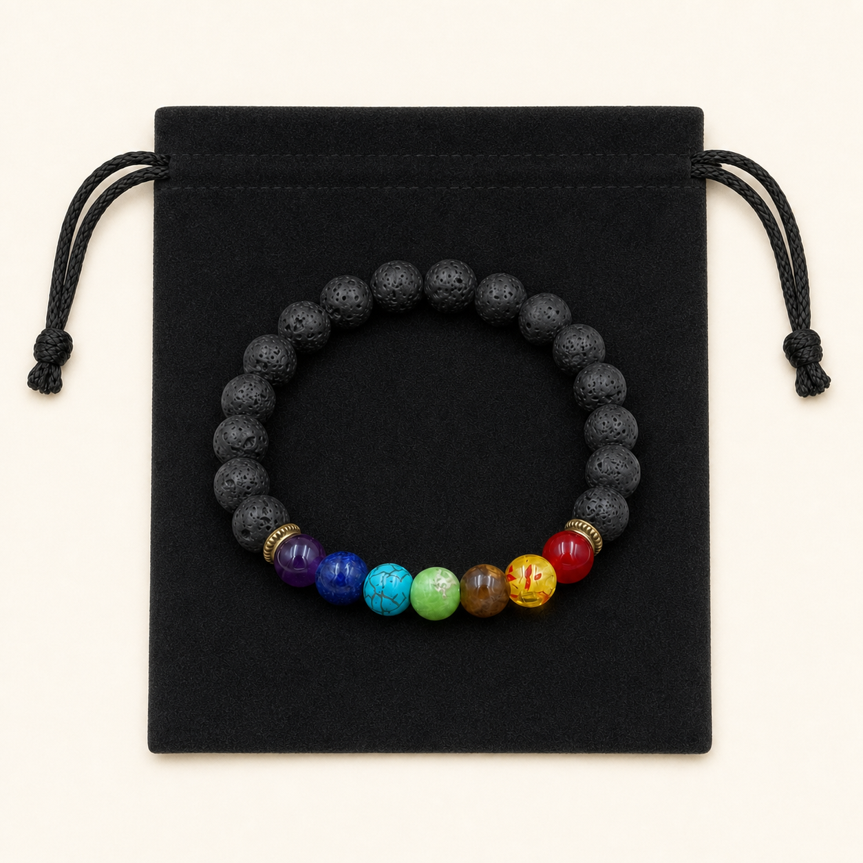 Schwarzes Chakra-Armband mit Lavastein-Basisperlen und schwarzem Samtbeutel