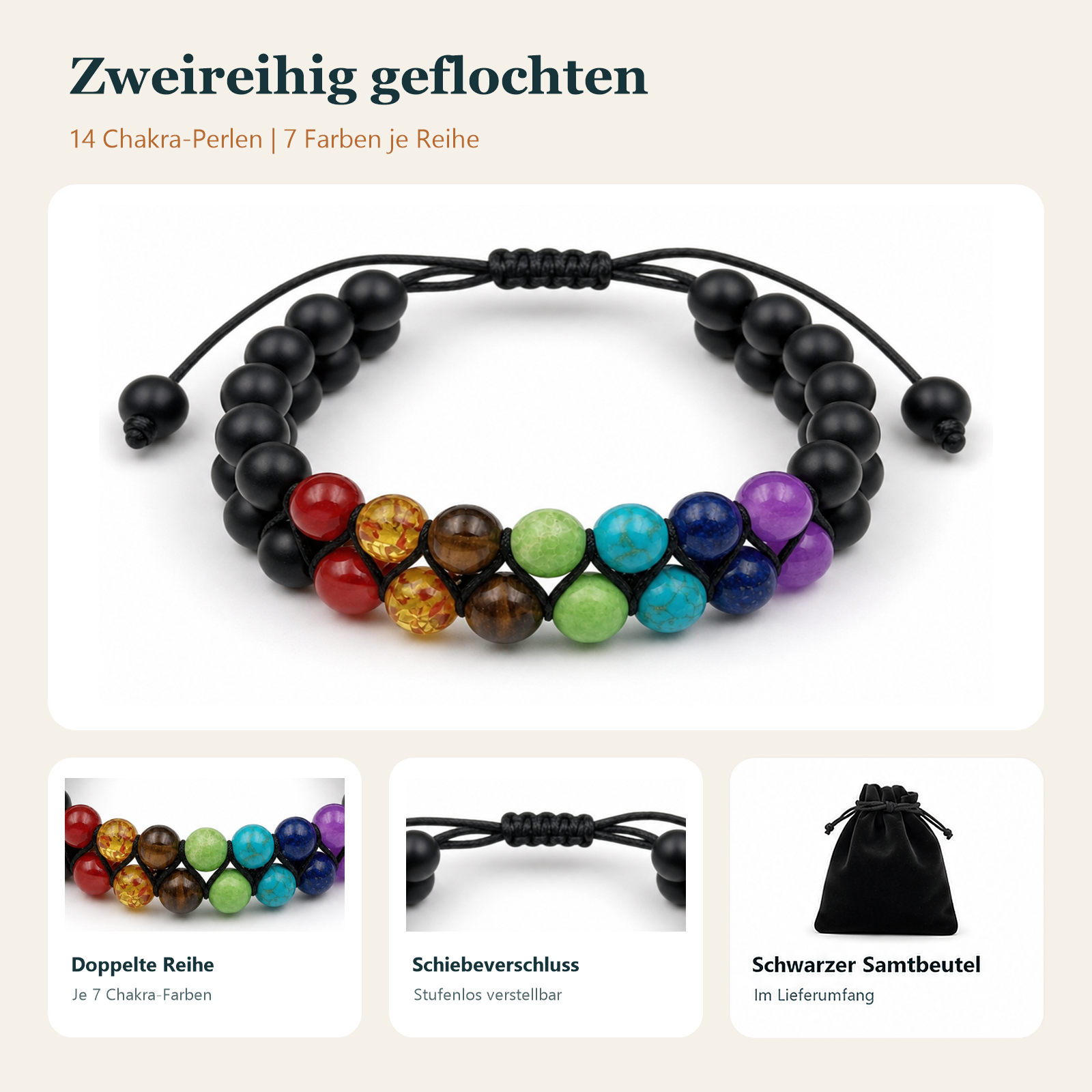Chakra-Doppelarmband mit Schiebeverschluss und Samtbeutel