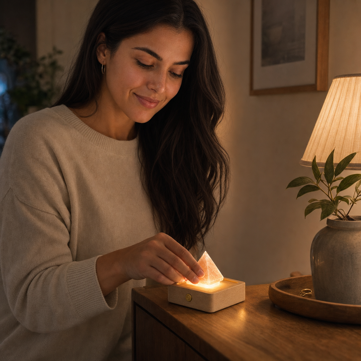Aura Home Living Model platziert eine Kristallpyramide auf einem LED Holzsockel