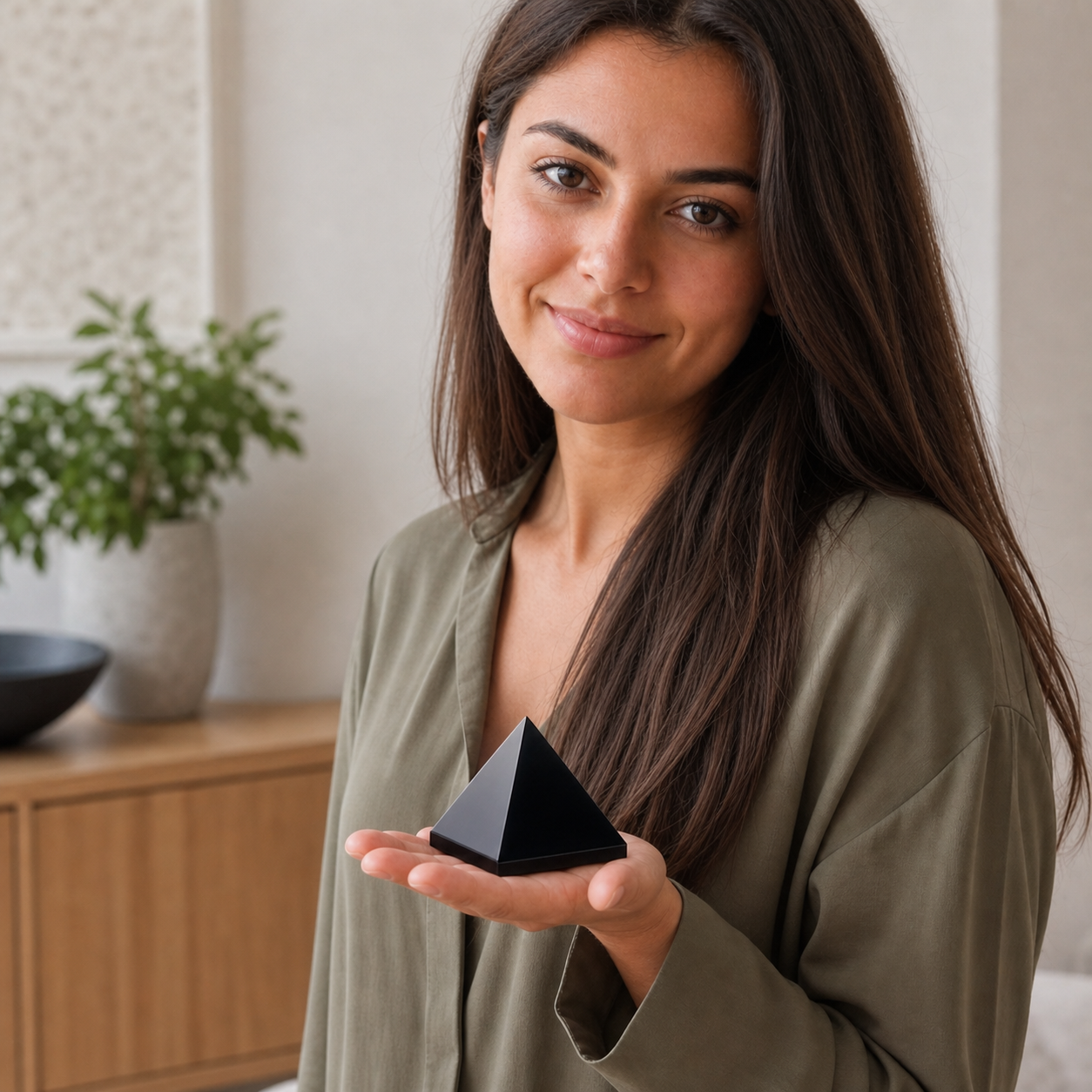 Model hält eine Obsidian Pyramide in der Hand