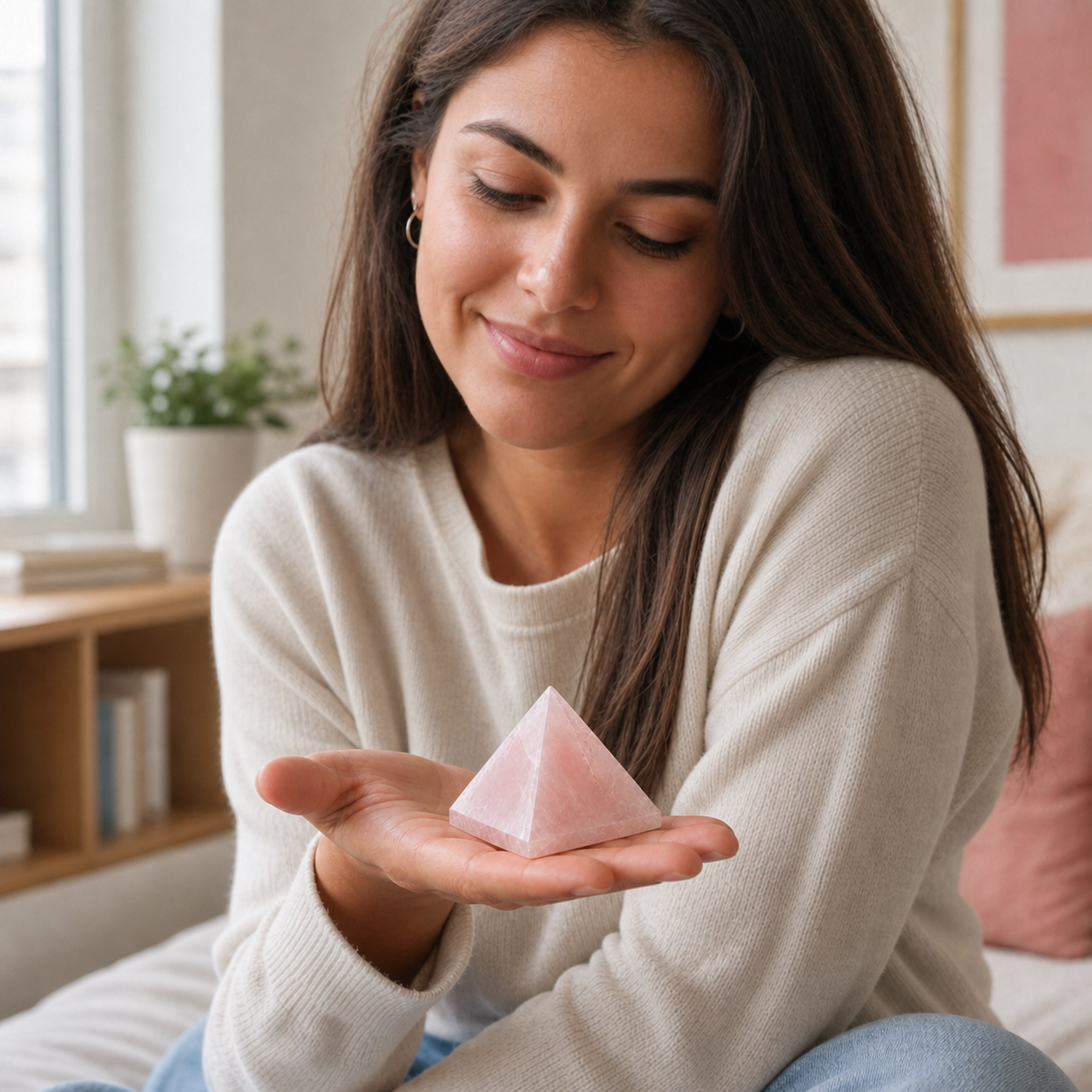 Model hält eine Rosenquarz Pyramide in der Hand